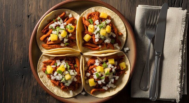 Overhead view of four tacos al pastor with pineapple and onions on a plate with silverware