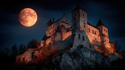 Mystische Burgruine unter dem vollmondschein im Halloweenzauber