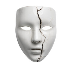 White cracked mask with hollow eyes and textured surface on transparent background