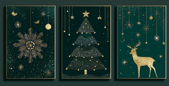 A set of three green Christmas cards with snowflakes, reindeer, and tree patterns - Powered by Adobe