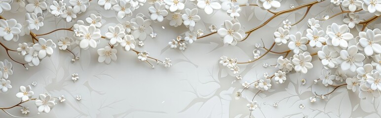 3D background with white flowers and golden branches, a white and gold color scheme, high resolution and highly detailed