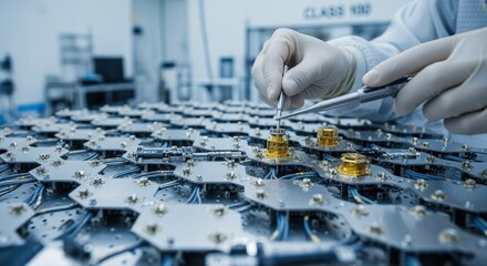 Closeup of intricate microwave antenna elements being aligned on a space solarpower transmitter array within a precision cleanroom setting.