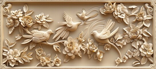 3D carved background wall, carved with birds and flowers, beige color tone, Chinese style, high-definition
