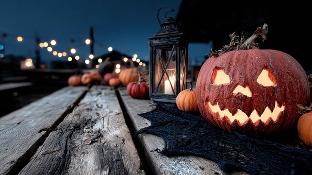 Gruselige Halloween-Nacht mit leuchtenden K&uuml;rbissen und schauriger Atmosph&auml;re