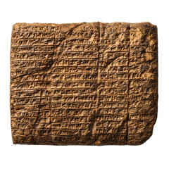 Ancient clay tablet with detailed cuneiform script inscriptions in columnar format isolated on transparent background