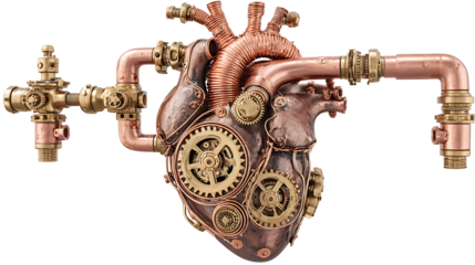Steampunk mechanical heart with brass gears and copper pipes, isolated on a white background