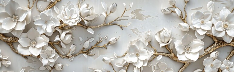 3D floral wallpaper, white flowers with gold branches and leaves on a light grey background, white petals, golden tracery, white petal outlines on a white background