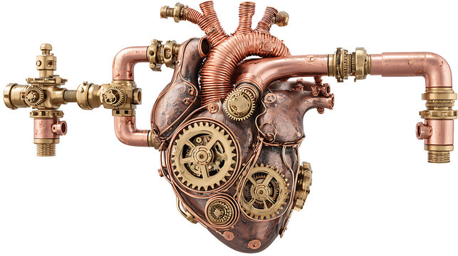 Steampunk mechanical heart with brass gears and copper pipes, isolated on a white background