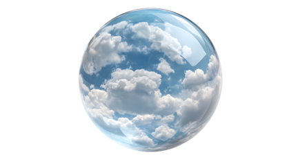 Transparent glass globe filled with miniature floating clouds, isolated on a white background