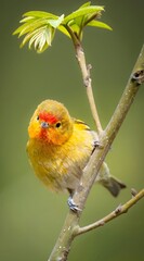 Small Yellow Bird with Orange Head Perched on Branch with Green Leaves in Natural Wildlife Setting