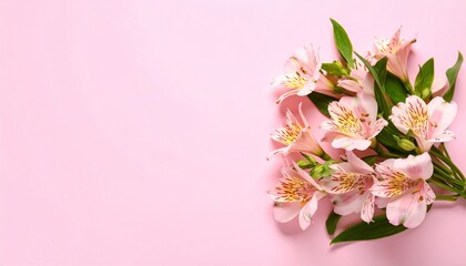 Obraz premium Alstroemeria on pink background, Soft Pink Alstroemeria Flowers with Red Stripes and Delicate Petals on Blurry Pink Background, Elegant Pink Alstroemeria Flowers on Pink Background Botanical Floral