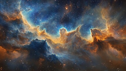 Fototapeta premium A vibrant cosmic scene displaying a colorful nebula with swirling clouds of gas and dust illuminated by stars.