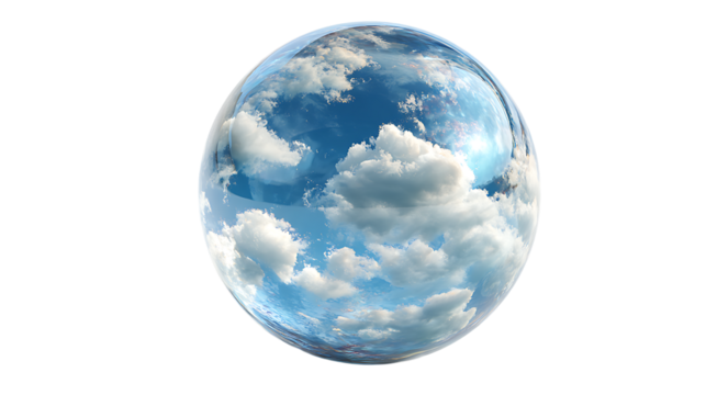 Transparent glass globe filled with miniature floating clouds, isolated on a white background
