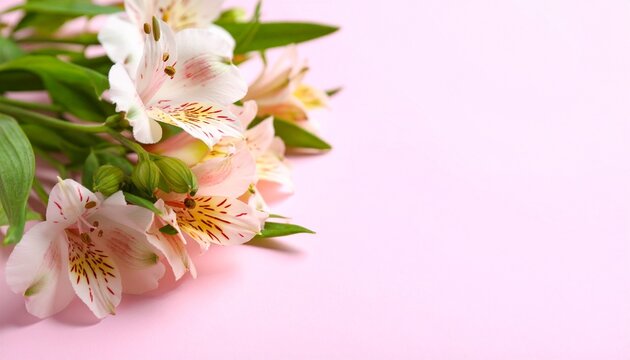 Alstroemeria on pink background, Soft Pink Alstroemeria Flowers with Red Stripes and Delicate Petals on Blurry Pink Background, Elegant Pink Alstroemeria Flowers on Pink Background Botanical Floral - Powered by Adobe