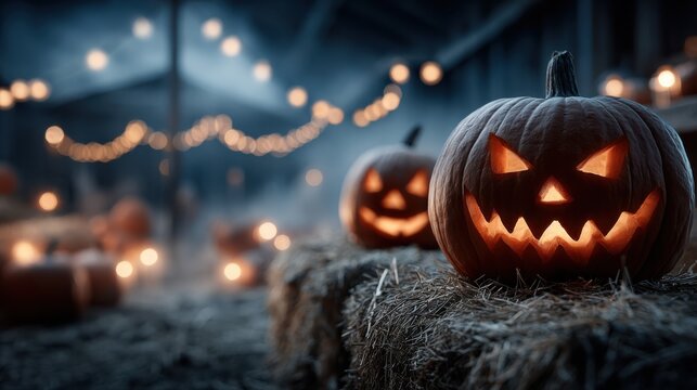 Furchterregende K&uuml;rbisse bringen Halloween Stimmung in eine geheimnisvolle Nacht