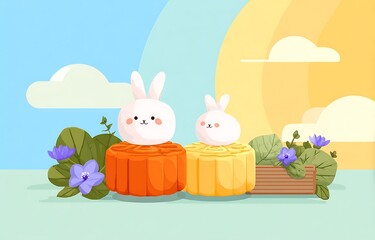 A set of three Mid-Autumn mooncakes, one in the shape and color of an orange