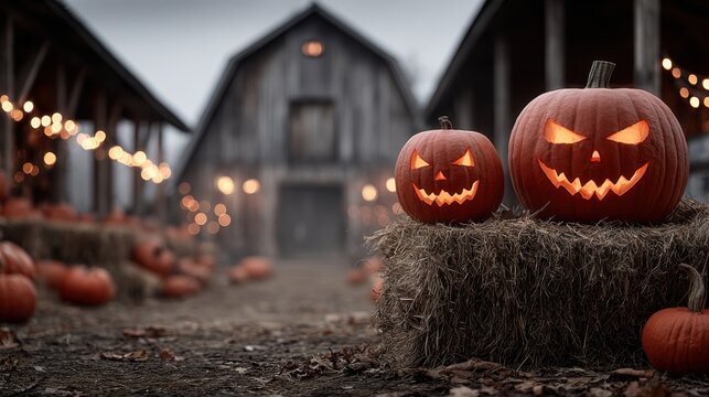 Gruselige K&uuml;rbisse und lodernde Lichter auf einem Halloween-Hof im D&auml;mmerlicht