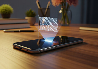 A smartphone on a wooden desk with a holographic projection of a blank waving flag