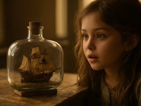 Curious child gazing at a ship in a bottle, symbol of imagination and adventure