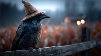 Ein verzauberter Rabe auf einem Zaun, bereit für Halloween-Abenteuer in der Dämmerung