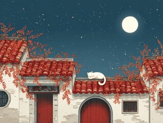 Chinese background with red tiled roof, white cat lying on the roof sunbathing, night sky sparkling with stars and full moon, cartoon style
