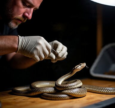 Man in gloves handling a snake on a wooden table carefully