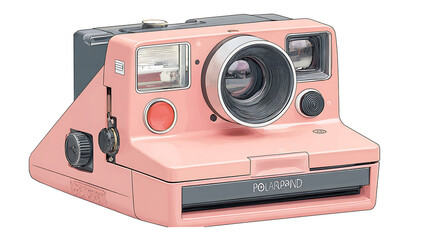 Fototapeta premium Polaroid camera with pastel pink casing, isolated on a white background