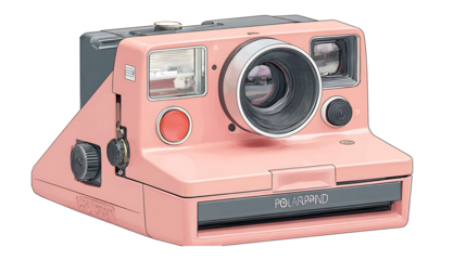 Polaroid camera with pastel pink casing, isolated on a white background