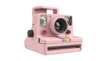 Polaroid camera with pastel pink casing, isolated on a white background