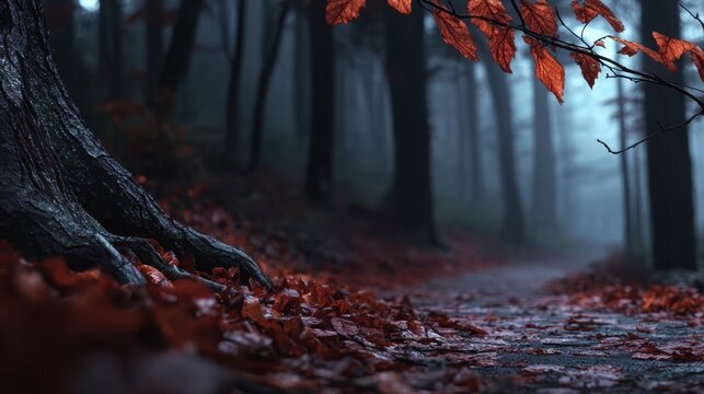 Mystische Waldpfade im Nebel, umh&uuml;llt von Herbstlaub und Halloween-Stimmung