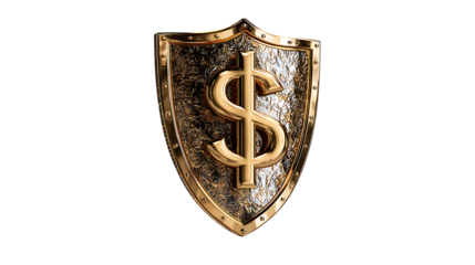 Golden shield with engraved dollar symbol in the center, representing financial protection, isolated on a white background