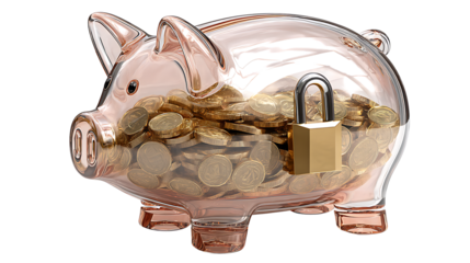 Transparent piggy bank filled with gold coins and a padlock on top, symbolizing secure savings, isolated on a white background