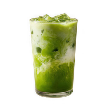 Refreshing iced matcha latte with creamy layers isolated on transparent background