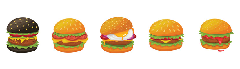 Burger vector set. Set of fast food illustration. Hamburger vector illustration. Fast Food Icons Set. Burger illustration. cheese burger illustration