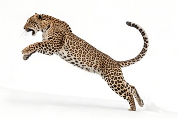 Fototapeta premium A snow leopard jumping through the air with legs extended and tail streaming
