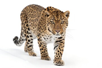 Obraz premium leopard walking straight toward the camera with intense eyes and focused posture