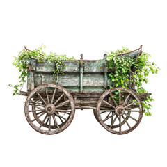 Fototapeta premium Rustic Wooden Cart Planter, Garden, Overgrown Vines, Outdoors, Decoration