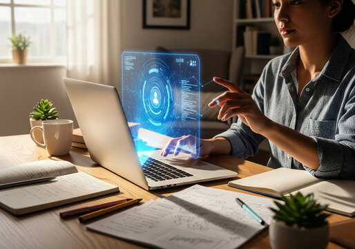 Person working on laptop at home using futuristic holographic interface