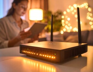Woman using tablet near a router at night