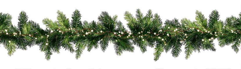 Obraz premium Christmas garland with green pine branches and white lights, isolated on a transparent background