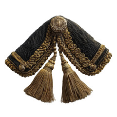 Ornate Gold Braided Military Shoulder Epaulet with Tassels and Decorative Button on Transparent Background