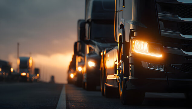 Close-up line of black trucks with headlights on at sunset, glossy reflections
