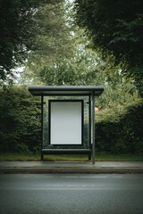 Minimalist urban bus stop with blank advertising panel mockup on street, surrounded by greenery