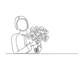 Woman holding bouquet outline illustration. Continuous line art drawing of young lady holding flowers bouquet. Editable stroke.