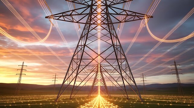 High-voltage power towers and urban transmission lines rise against a sunrise backdrop, showcasing an industrial landscape with energy infrastructure.