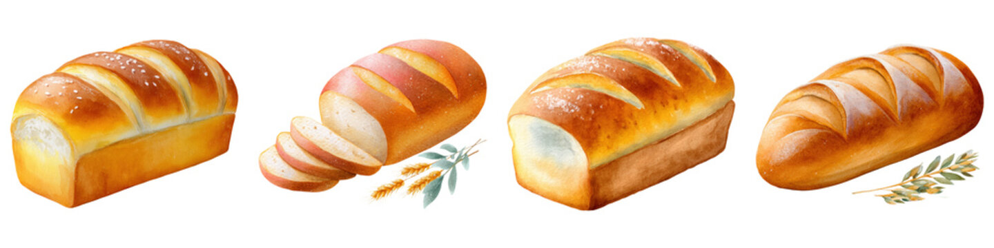 Grocery savings with coupons Clipart, Four loaves of bread displayed in various styles, showcasing different shapes, textures, and colors, with one loaf sliced to reveal its inner crumb.