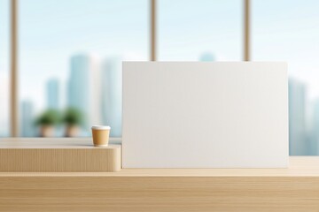 Blank horizontal white mockup banner beside podium in modern conference room, advertising copy space