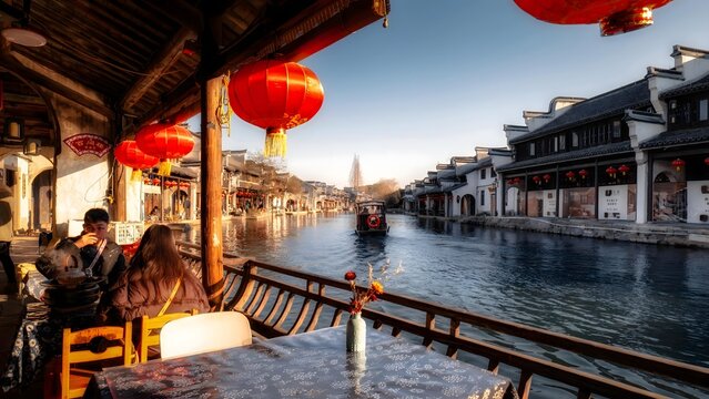 Traditional Jiangnan Water Town Canal View with Ancient Architecture and Red Lanterns at Sunset