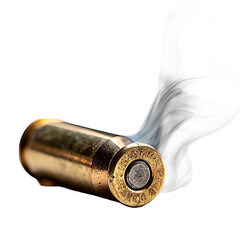 Spent brass bullet casing with delicate smoke trails rising on transparent background