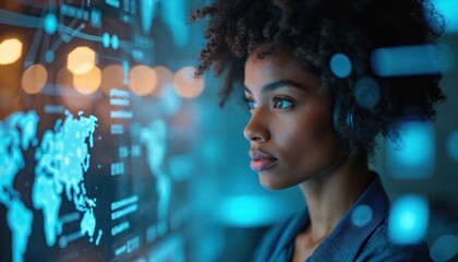 Young woman with headphones analyzes glowing world map data on futuristic screen. Global network, data analysis, customer service, outsourcing strategies. International business, remote work,